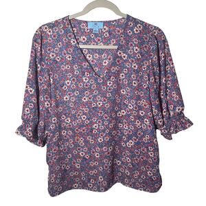 NEW CeCe Women's Floral Pink Blue Ruffle Blouse Size Small V Neck